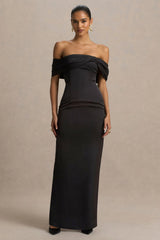 Valeria | Black Satin Twist-Bardot Neck Maxi Dress
