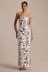 Kyle | Cream Sequin Floral Embellished Square-Neck Maxi Dress
