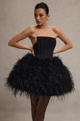Peaches | Black Strapless Mini Dress With Volume Feather Hem