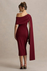 Leah | Burgundy Asymmetric-Neck Midi Dress With Cape-Sleeve