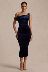 Carella | Navy Velvet Twisted Asymmetric Midi Dress