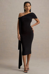 Vallea | Black One-Shoulder Draped Midi Dress