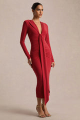 Ivara | Red Plunge-Neck Maxi Dress With Ruched Detailing And Sash