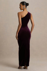 Treat | Burgundy Velvet Asymmetric-Neck Maxi Dress With Ruched Detailing.