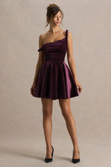 Leticia | Burgundy Velvet Asymmetric-Neck Velvet Mini Dress With Twist-Sleeve
