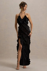 Full On | Black V-Neck Ruffle Maxi Dress