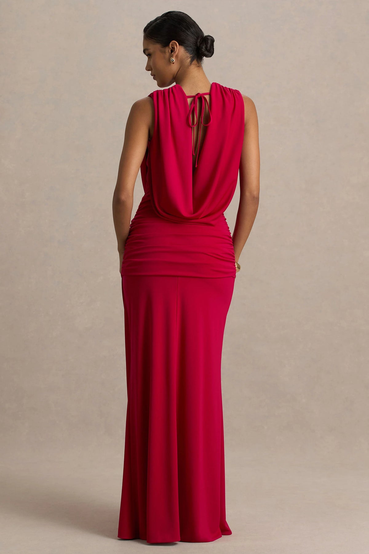 Serafina | Red Extreme-Plunge Maxi Dress With Ruched Detailing And Open-Back