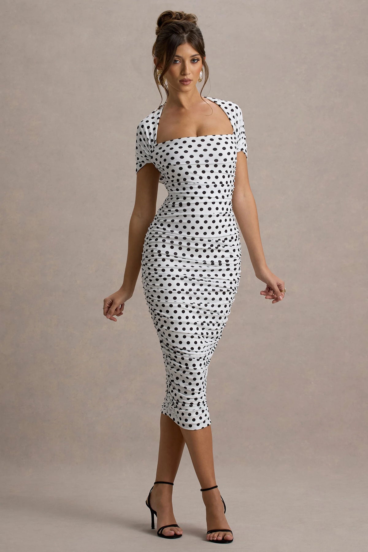 Paxos | White Polka Dot Ruched Short-Sleeve Midi Dress
