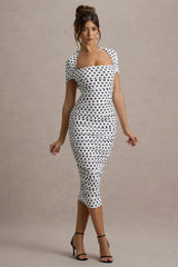 Paxos | White Polka Dot Ruched Short-Sleeve Midi Dress
