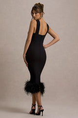 Titania | Black Twist-Neck Feather Hem Midi Dress