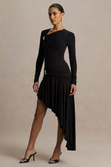 Alexia | Black Asymmetric-Neck Maxi Dress With Embellishment And Ruched Detailing