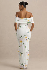 Capri | White Rose Print Bardot-Neck Maxi Dress With Ruched Detailing
