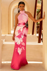 Leia | Pink Lily Print High-Neck Maxi Dress