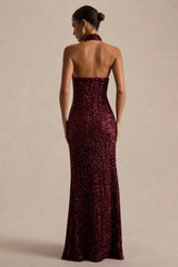 Tulia | Burgundy Sequin High-Neck Maxi Dress
