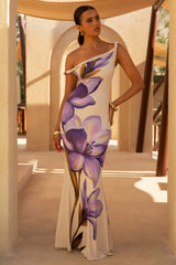 Exotic | Purple Placement Floral Asymmetric Maxi Dress