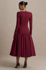 Jovana | Burgundy Hand-Embellished Crew-Neck Midi Dress With Drop Waist