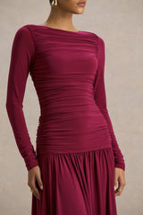 Aniyah | Burgundy High-Neck Maxi Dress With Ruched Detailing