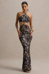 Olina | Zebra Print Halter-Neck Cut-Out Maxi Dress