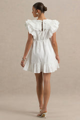 Judie | White Poplin V-Neck Ruffled Mini Dress