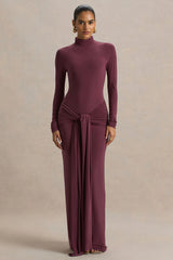 Myra | Burgundy High-Neck Maxi Dress With Sash and Ruched Detailing