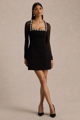 Emmey | Black Crepe And Mesh Square-Neck Mini Dress