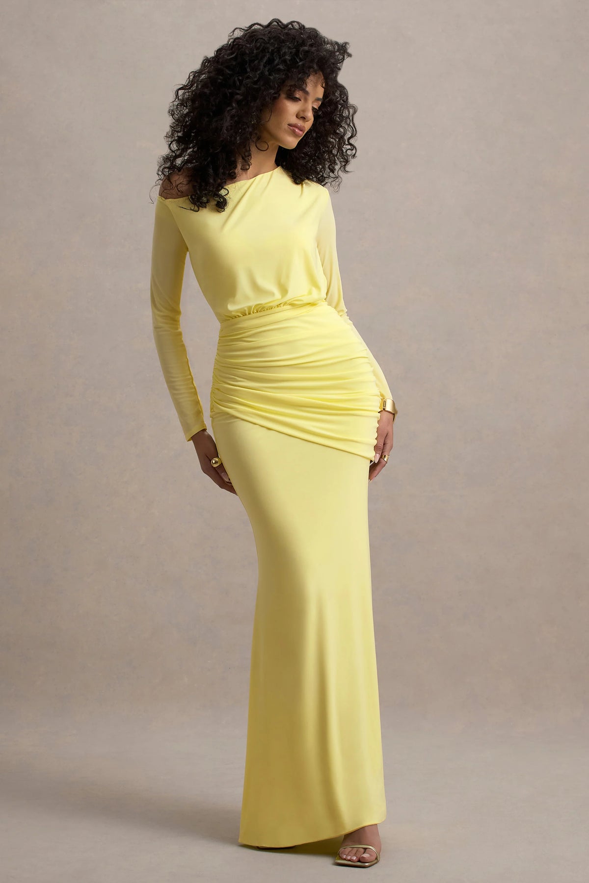 Deanna | Lemon Asymmetric Long-Sleeve Ruched Maxi Dress