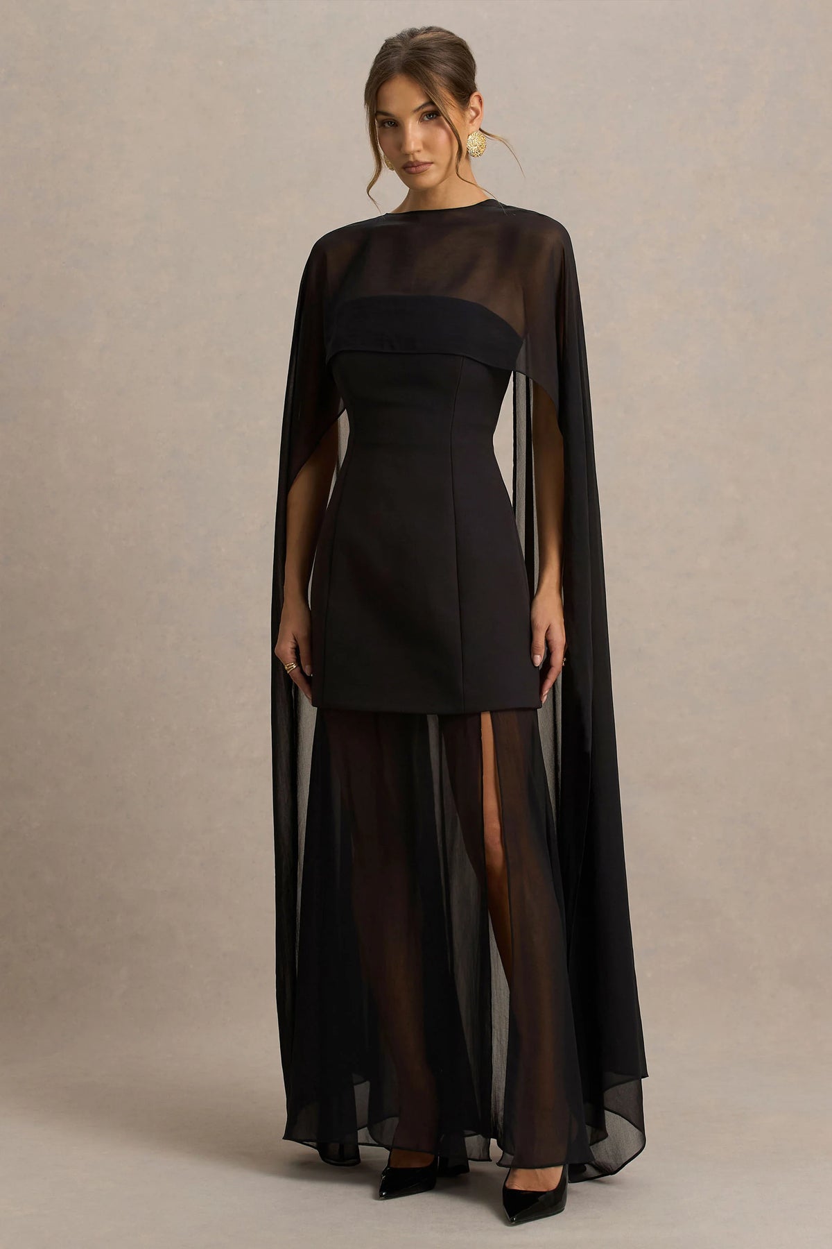 Chessa | Black Boat-Neck Maxi Dress With Sheer Cape