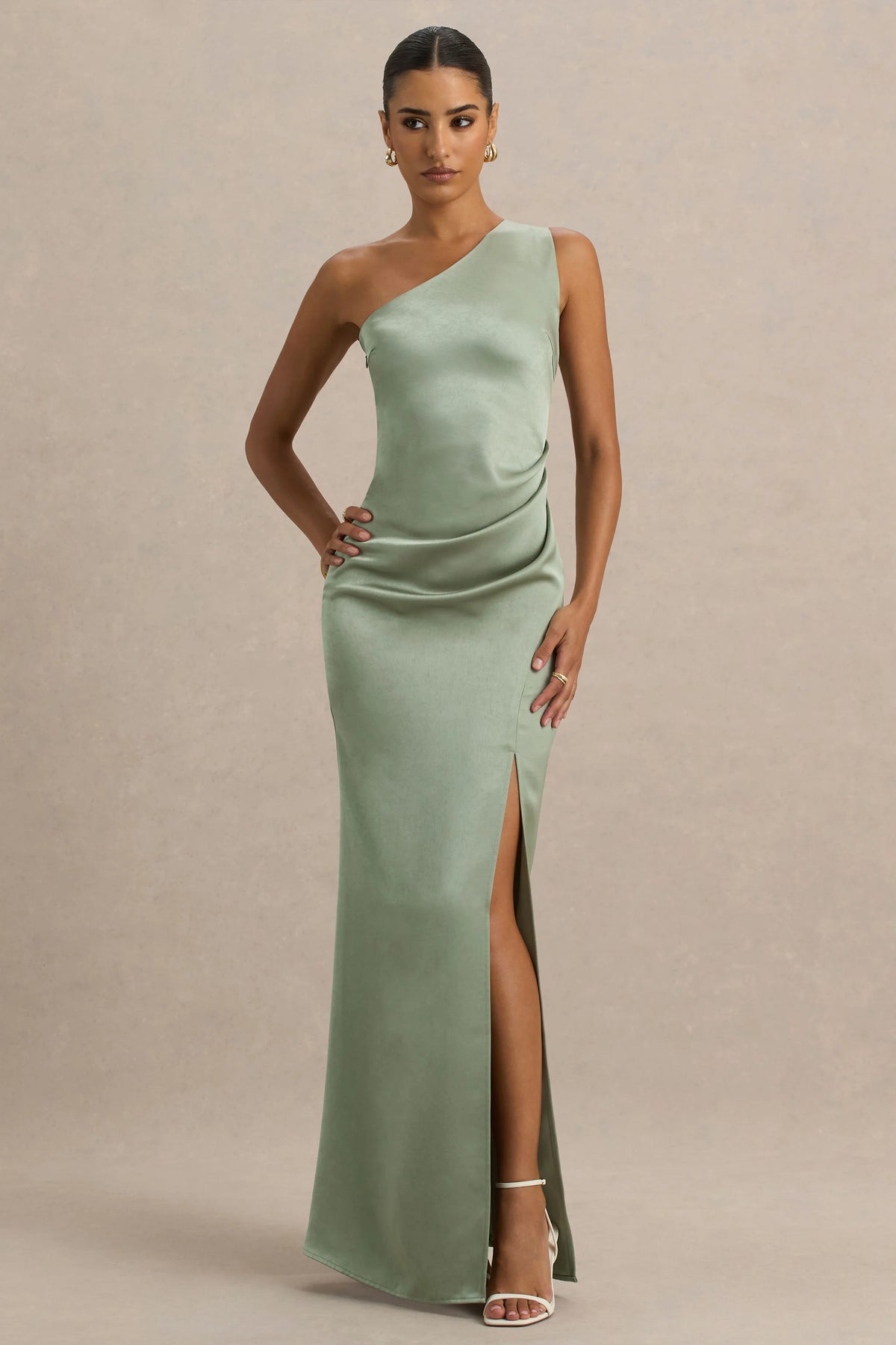 Beth | Sage Asymmetric Neckline High-Split Maxi Dress