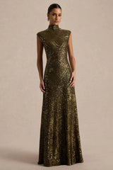Cecy | Khaki Sequin High-Neck Maxi Dress With Cap Sleeves