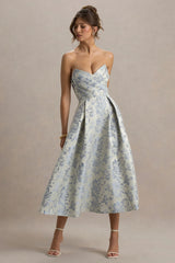One Wish | Light Blue Jacquard Sweetheart Midi Dress
