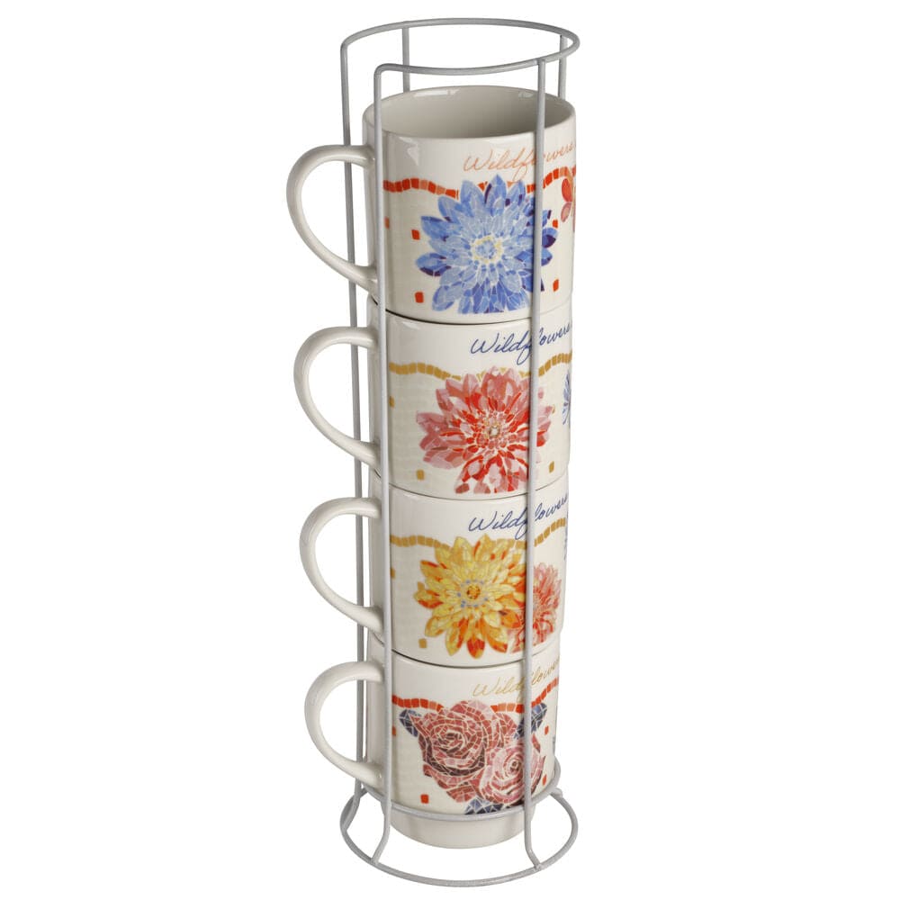 Dolly Parton Mosaic Floral Set of 4 Mugs with Rack