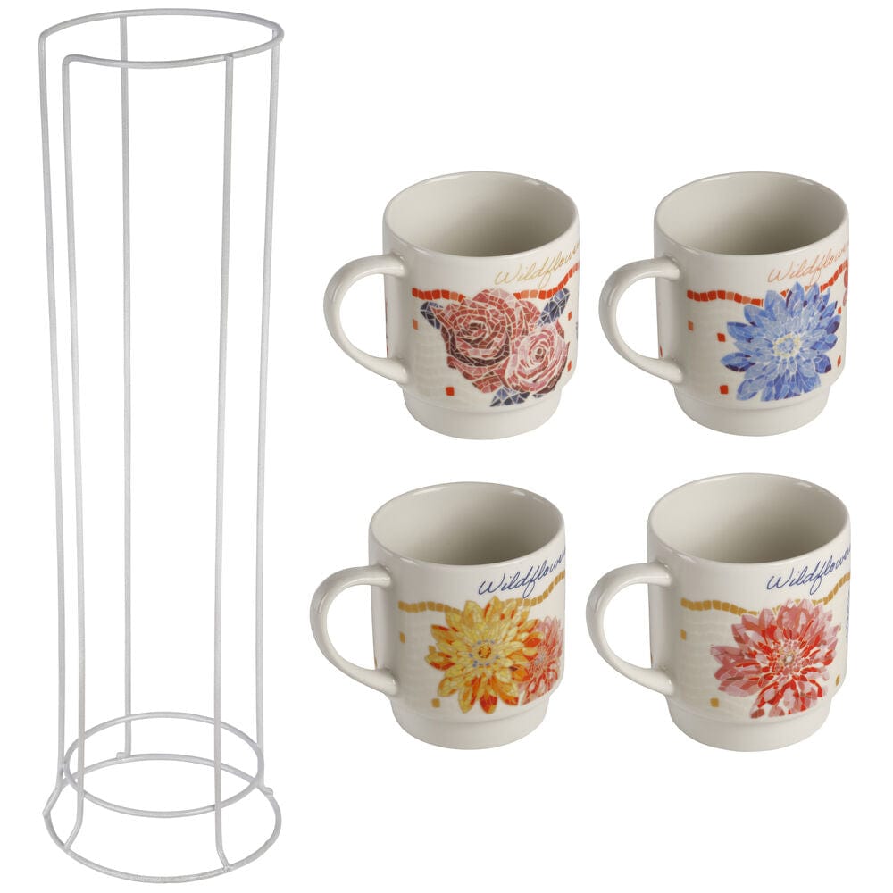 Dolly Parton Mosaic Floral Set of 4 Mugs with Rack