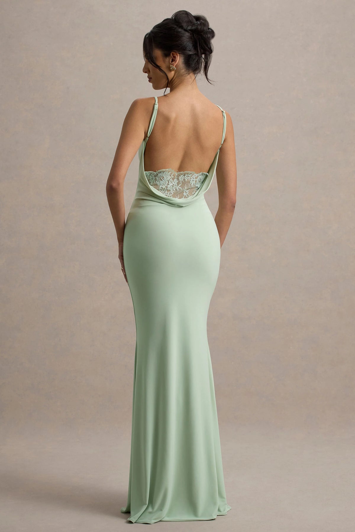 Francoise | Light Green Cowl Neck Backless Maxi Dress With Lace Insert