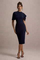 Dorothea | Navy Draped Midi Dress With Cape