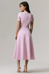 So Sweet | Pink Crew-Neck Midi Dress With Cut-Out Embroidered Detailing