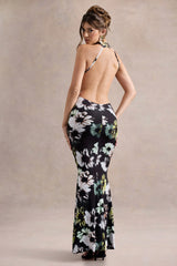 Tuscany | Black Floral Print Halter-Neck Split Maxi Dress