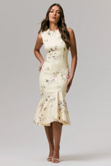 Priceless | Lemon Print Crew-Neck Fishtail Midi Dress