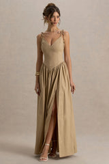 Comet | Tan Linen Maxi Dress with Plunge Neckline and Front High Split
