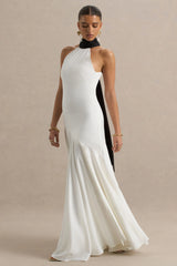 Luscious | White And Black High-Neck Maxi Dress With Drop-Waist And Bow Detail
