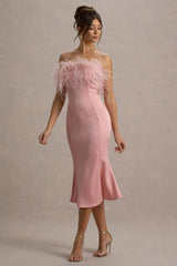 One And Only | Light Pink Satin Feather Trim Bandeau Midi Dress
