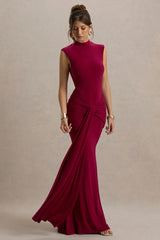 Graziana | Dark Cherry High-Neck Gathered Draped Maxi Dress