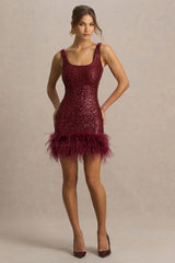Rosalinda | Burgundy Sequin Square-Neck Mini Dress With Feather Trim