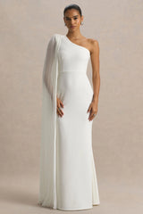 Athens | White Asymmetric-Neck Maxi Dress With Cape Sleeve Detail