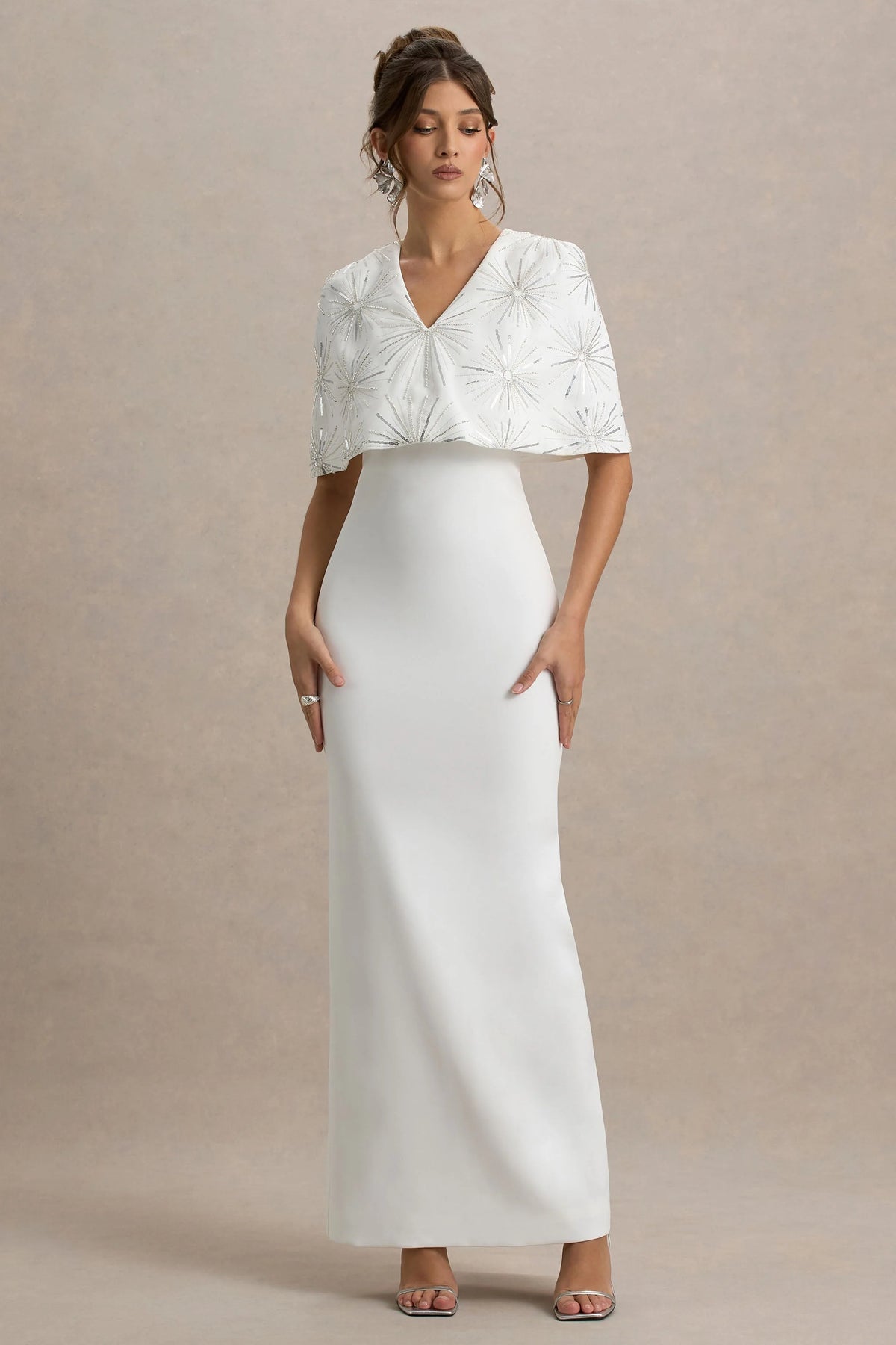 Agnella | White Embellished V-Neck Maxi Dress