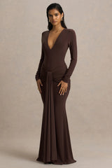 Saffie | Chocolate Extreme-Plunge Wrap Maxi Dress With Long-Sleeves And Ruched Detailing