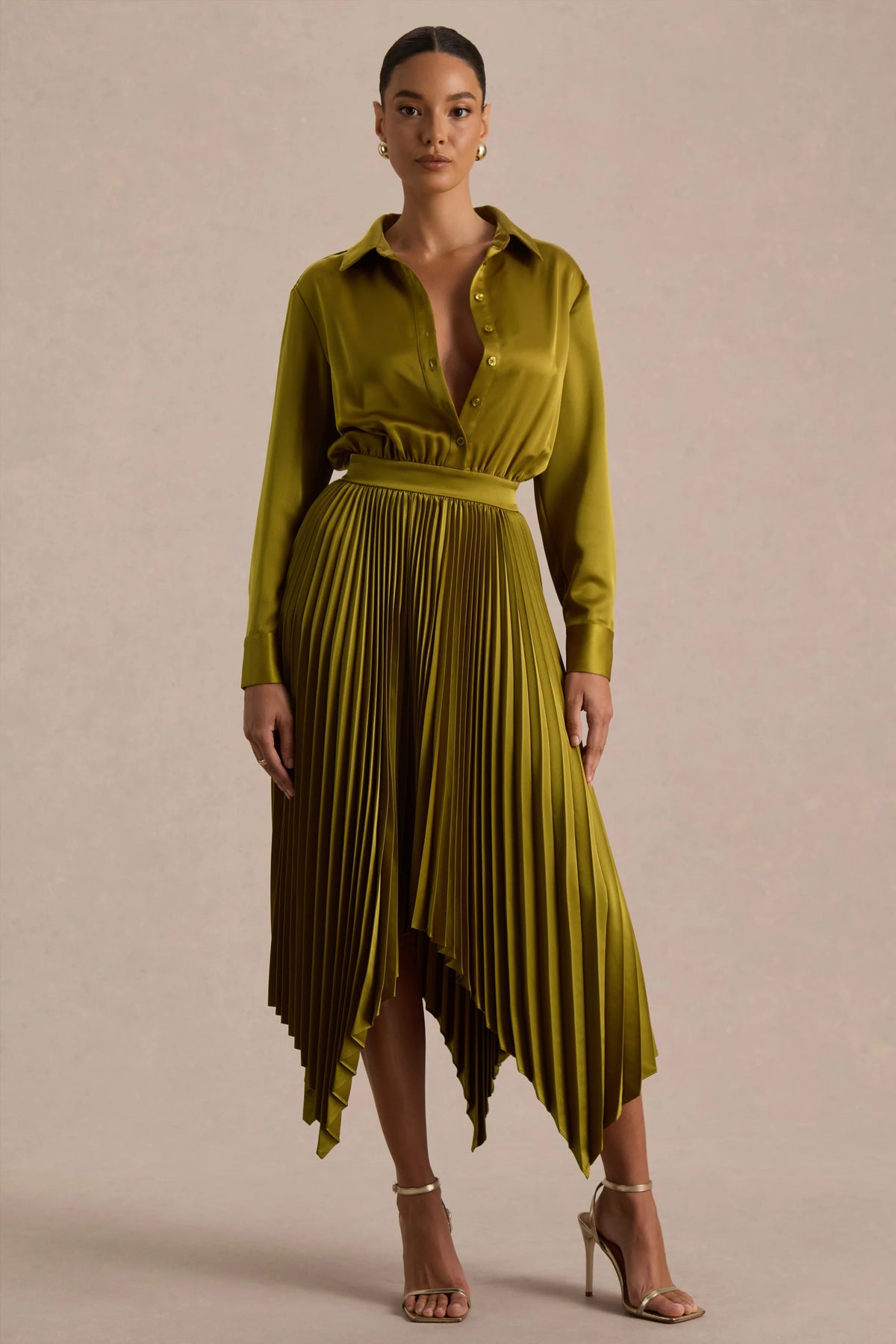 Naxos | Olive Satin Shirt Maxi Dress With Pleated Skirt