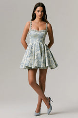 Seashell | Light Blue Jacquard Embellished Sweetheart-Neck Skater Mini Dress