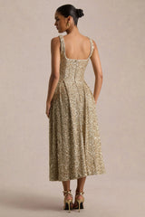 Lima | Champagne Sequin Square-Neck A-Line Midi Dress