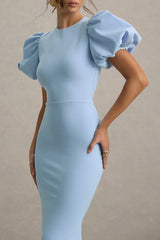 Dakota | Powder Blue Puff-Sleeve Midi Dress