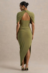 Enchant | Olive Asymmetric Twisted Cape Midi Dress